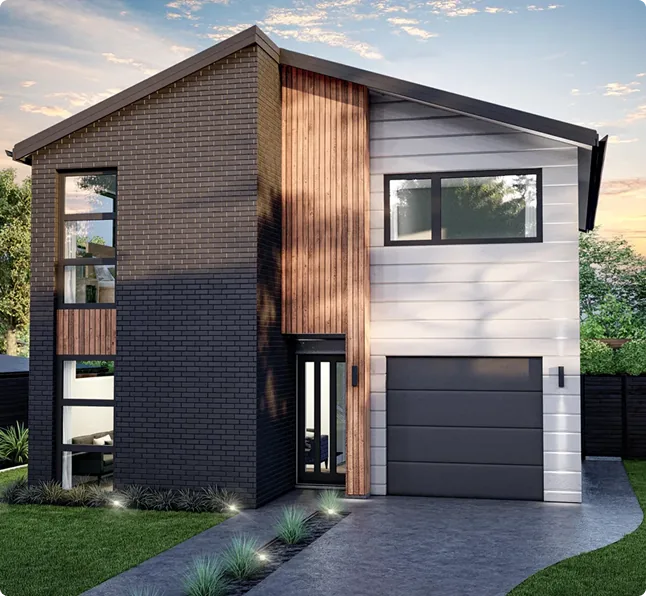 Modern two-storey Golden Homes design with timber and dark cladding